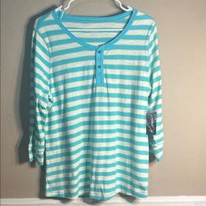 Kim Rogers Turquoise and White Striped Top Size XL New with Tags.